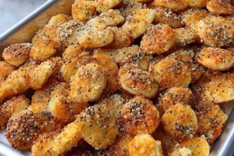 Crunchy everything bagel bits baked golden on a tray
