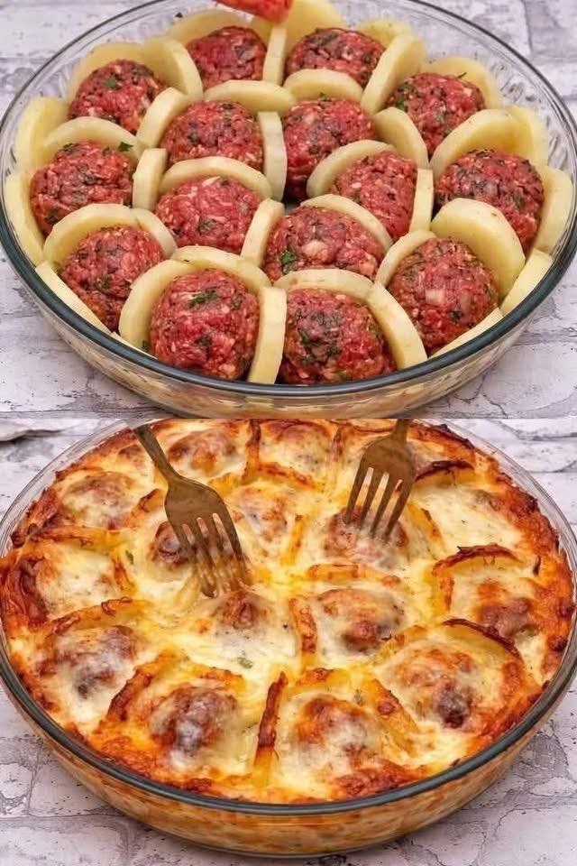 Baked Potatoes with Meatballs and Cheese