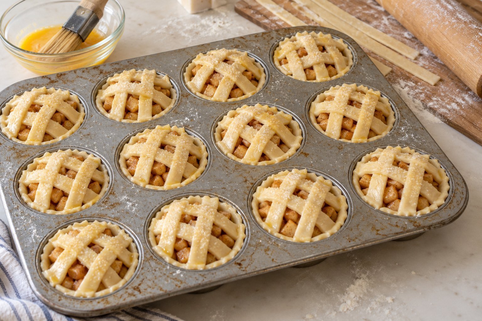Unbaked mini apple pies with pastry lattice tops, brushed with egg wash and sprinkled with sugar.