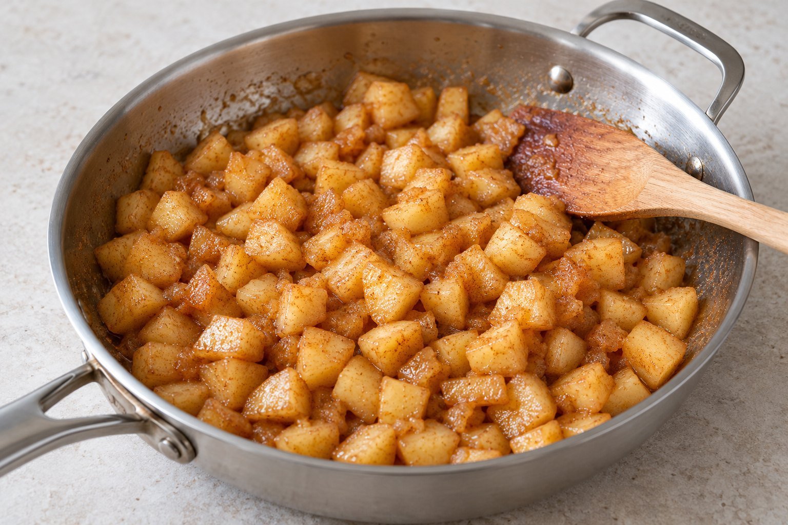 Diced apples cooked with cinnamon and brown sugar until tender with no excess liquid.