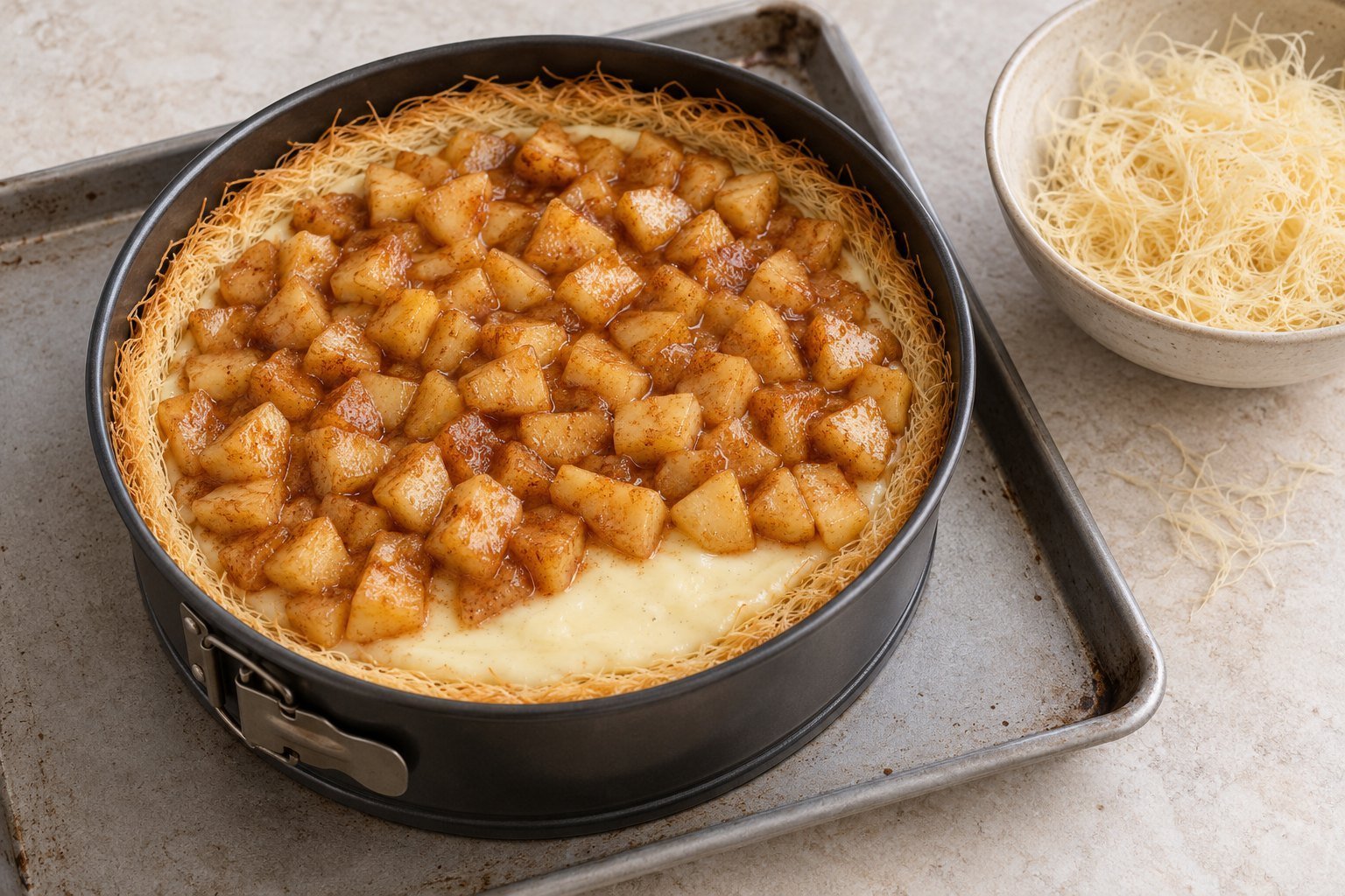 Cinnamon apples layered over vanilla custard in a golden kataifi pastry shell before adding the topping.