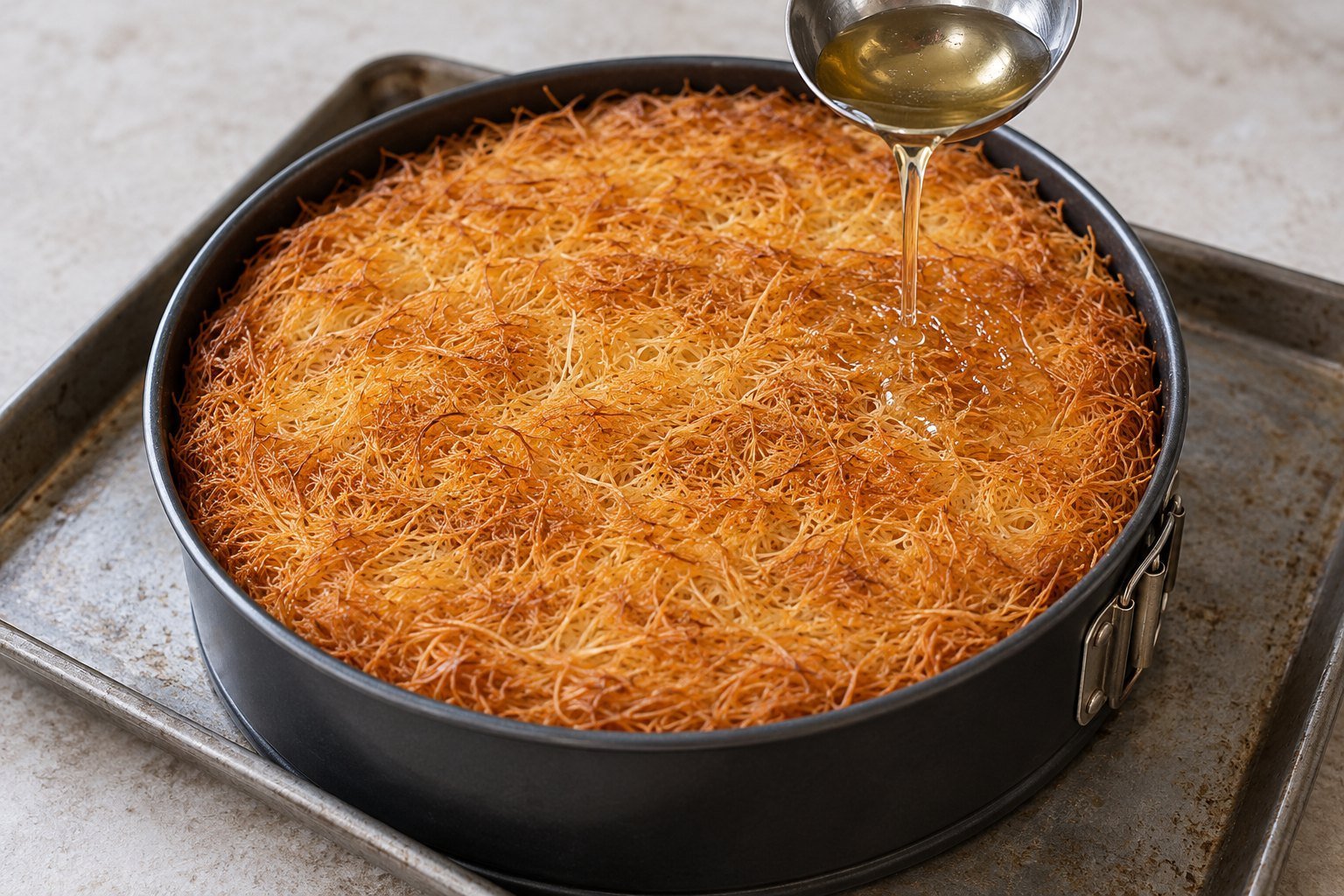 Honey-lemon syrup being spooned over the golden shredded pastry top of the baked kataifi pie.